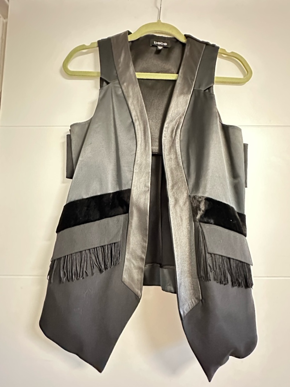 bebe Black and Gray Fringe Open Vest
